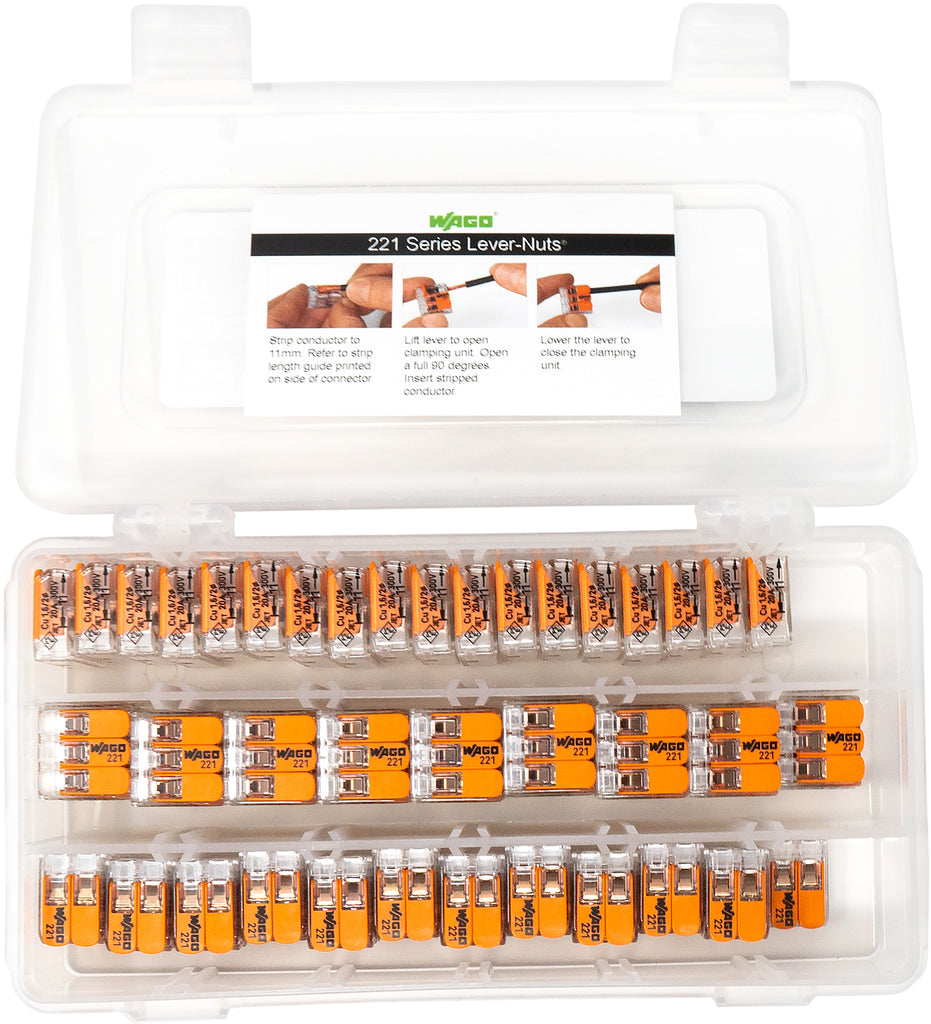 WAGO 221 Lever Nuts 90pc Compact Splicing Wire Connector Assortment with  Case. Includes (25x) 221-2401, (25x) 221-412, (25x) 221-413, (15x) 221-415